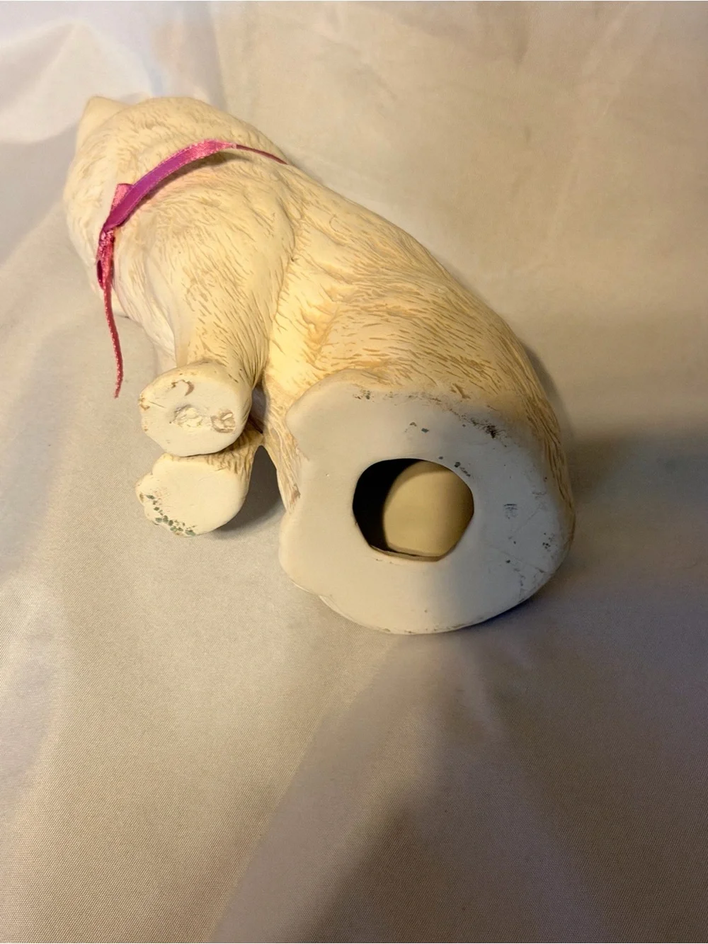 Vintage White Cat Figurine Pink Ribbon Big Eyes Cottagecore Kitty Decor